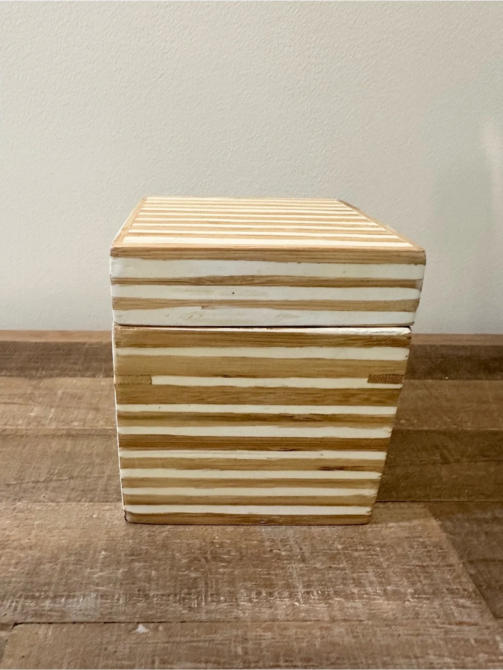Vintage West Elm Striped Bamboo Wood Square Trinket Box Natural White 4 x 4 4.5”